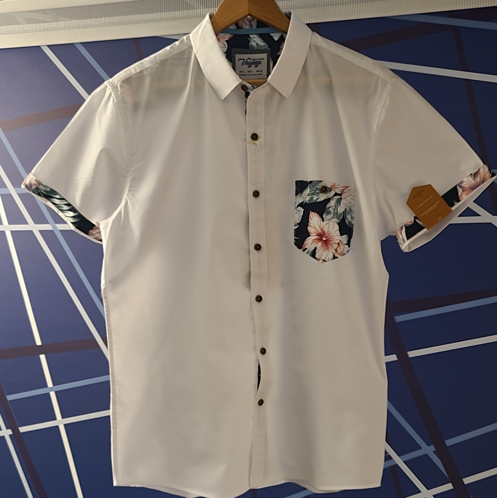 Men's White Full Button Down Casual Hawaiian Print